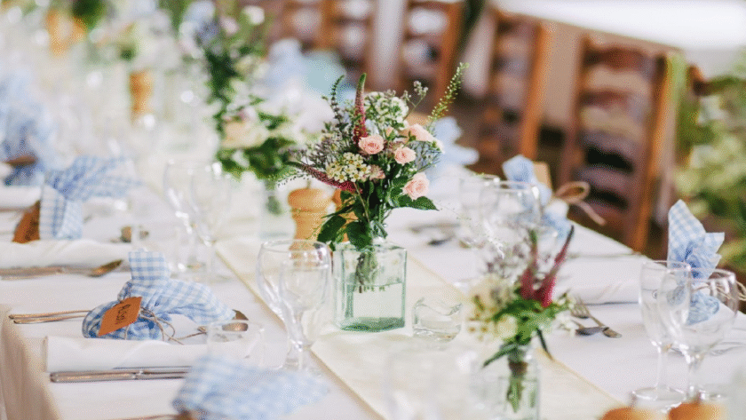 Mesa de bautizo en tonos azules con lazos de cuadros y centro floral